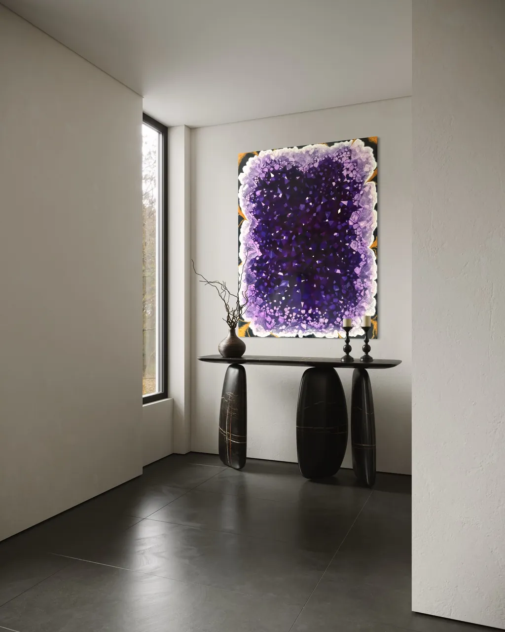 Amethyst painting on a pale wall in a narrow room with a dark sculptural console