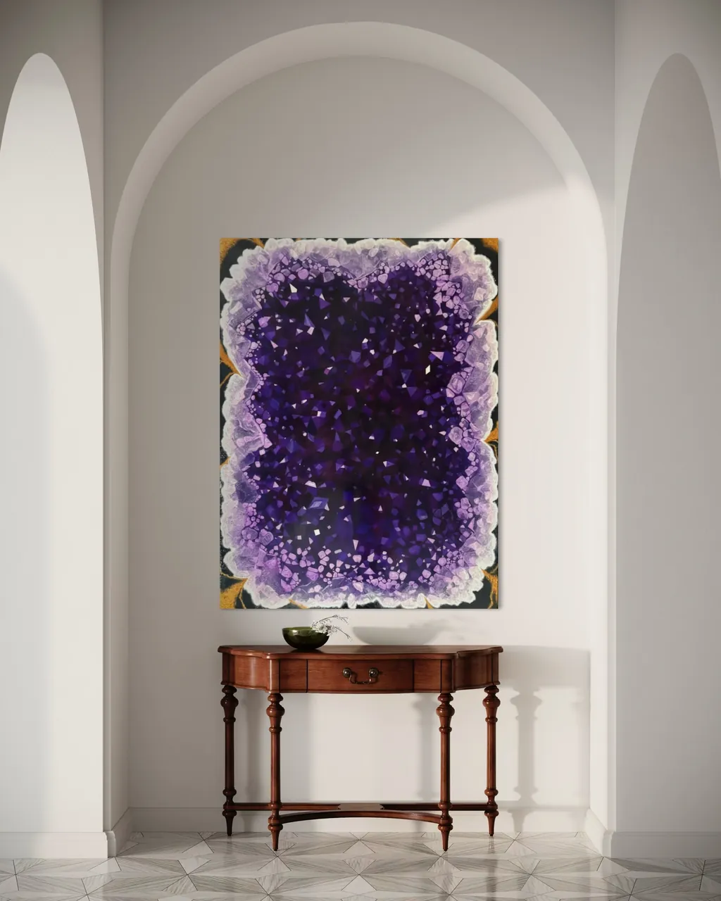 Amethyst painting in an arched alcove above an antique wooden console