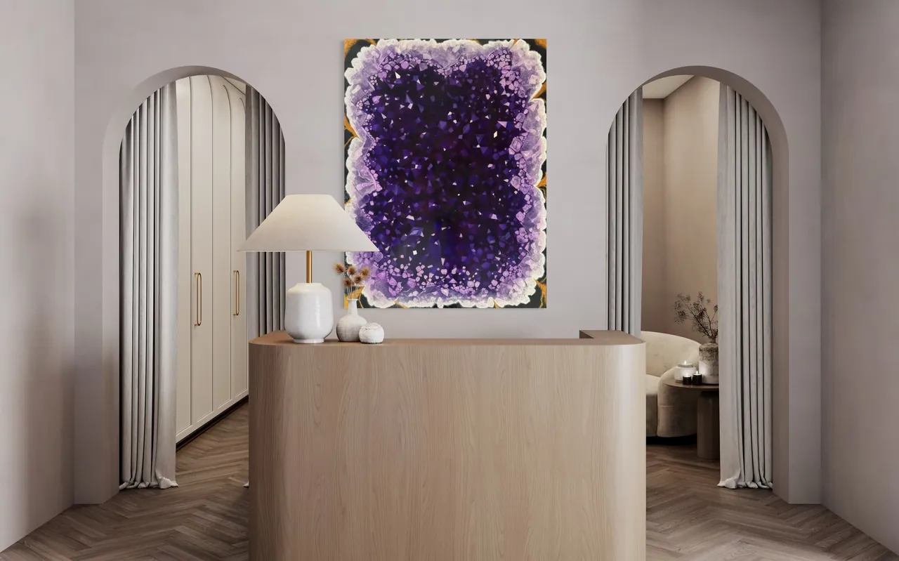 Amethyst painting above a wooden reception desk between two arched doorways