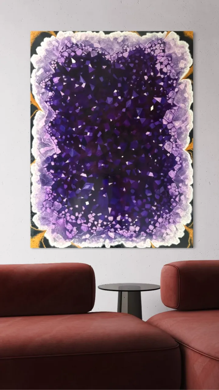 Close view of the Amethyst painting, deep violet crystals framed by a pale crystalline edge, above a red sofa