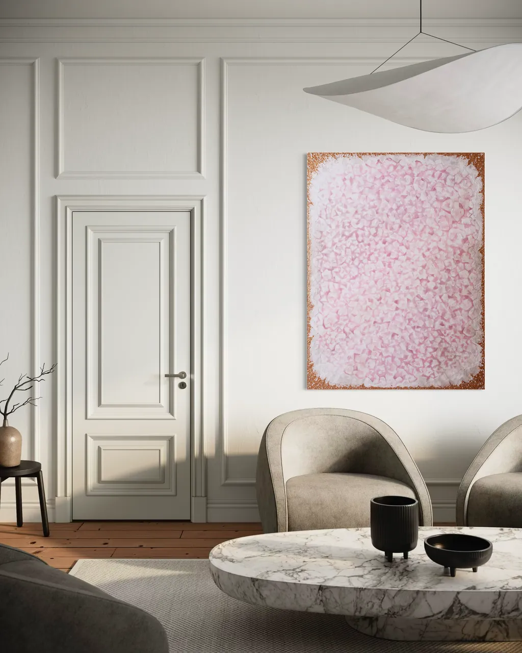 Rose Quartz painting in a classic panelled room above a marble coffee table