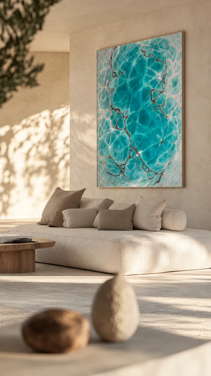 Turquoise painting in a sunlit cream living room with ceramic vases