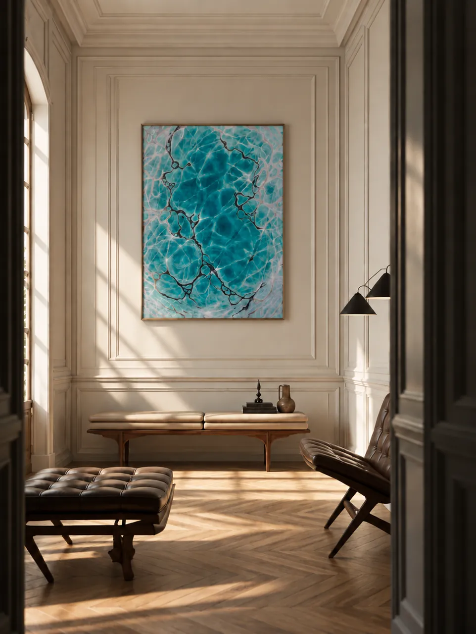 Turquoise painting seen through a dark doorway above a leather bench on a herringbone floor