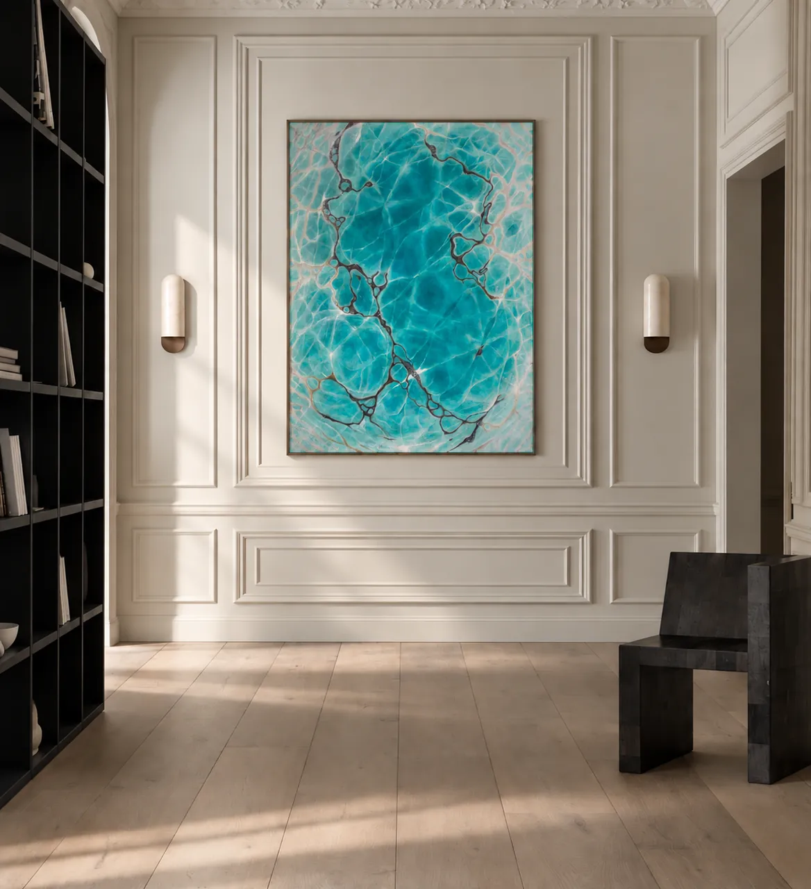 Turquoise painting in a panelled hallway beside a black bookcase