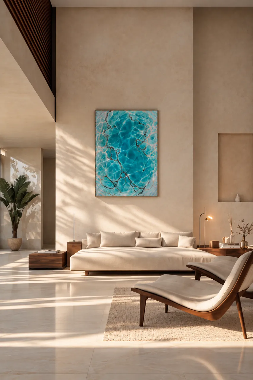 Turquoise painting in a double-height room above a low daybed and a lounge chair